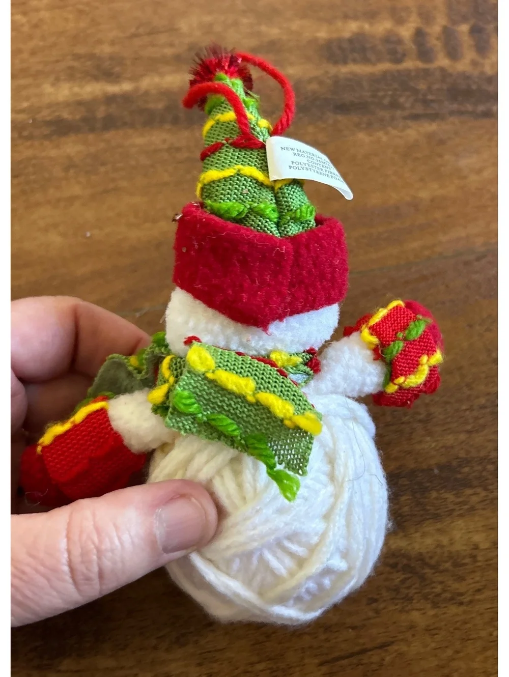 Handmade Christmas Snowman Ornament with Yarn Body and Festive Hat